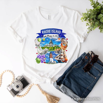 Artistic Rhode Island State Themes and Landmarks T-Shirt, Tee for History and Travel Lovers