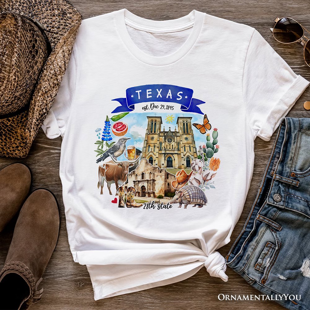 Artistic Texas State Themes and Landmarks T-Shirt, Tee for History and Travel Lovers