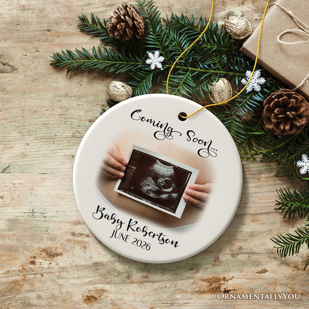 Baby Coming Soon Pregnant Mother Custom Photo Ornament, Personalized Pregnancy Announcement Sonogram Gift
