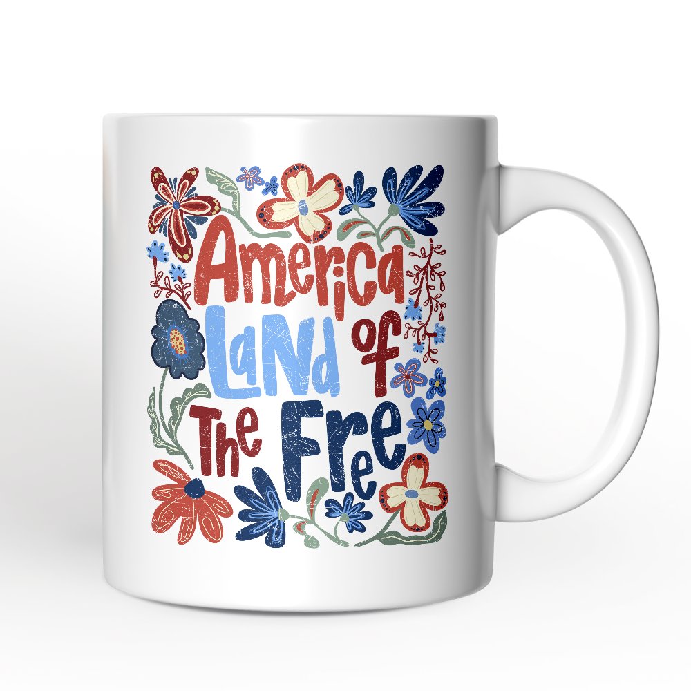 America Land of the Free Personalized Mug, Retro Floral Independence Day Gift with Custom Name