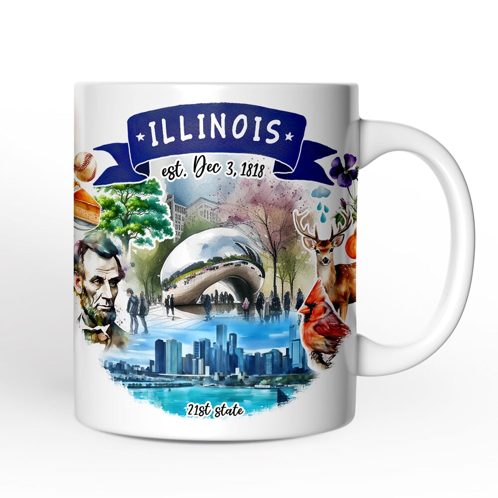 Artistic Illinois State Themes and Landmarks Personalized Mug With Custom Name