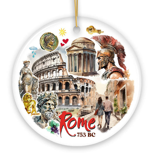 Artistic Rome Landmark Collage Ornament, Italy Christmas Gift with Roman Colosseum and Statues