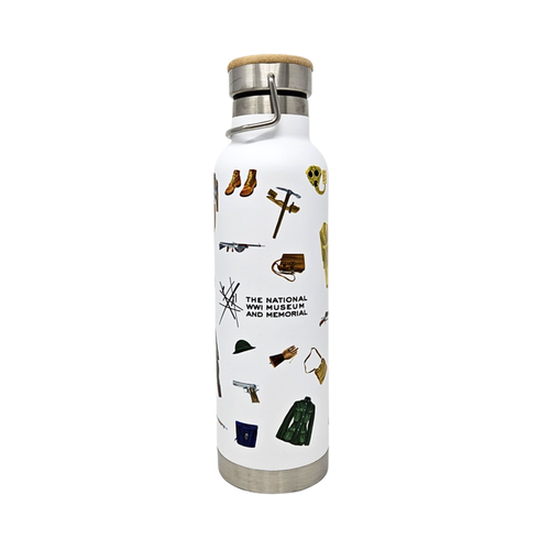 A white bottle displaying cutouts of WWI artifacts. It has a wooden cap and a pewter base. There is a pewter handle attached to the lid. In the center of the bottle is the logo for the National WWI Museum and Memorial.
