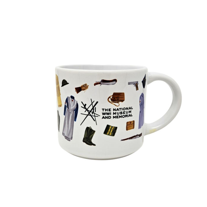 A white mug displaying cutouts of WWI artifacts. In the center of the bottle is the logo for the National WWI Museum and Memorial.