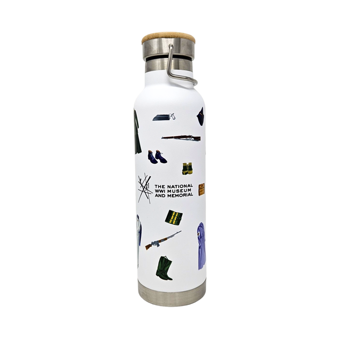 A white bottle displaying cutouts of WWI artifacts. It has a wooden cap and a pewter base. There is a pewter handle attached to the lid. In the center of the bottle is the logo for the National WWI Museum and Memorial.