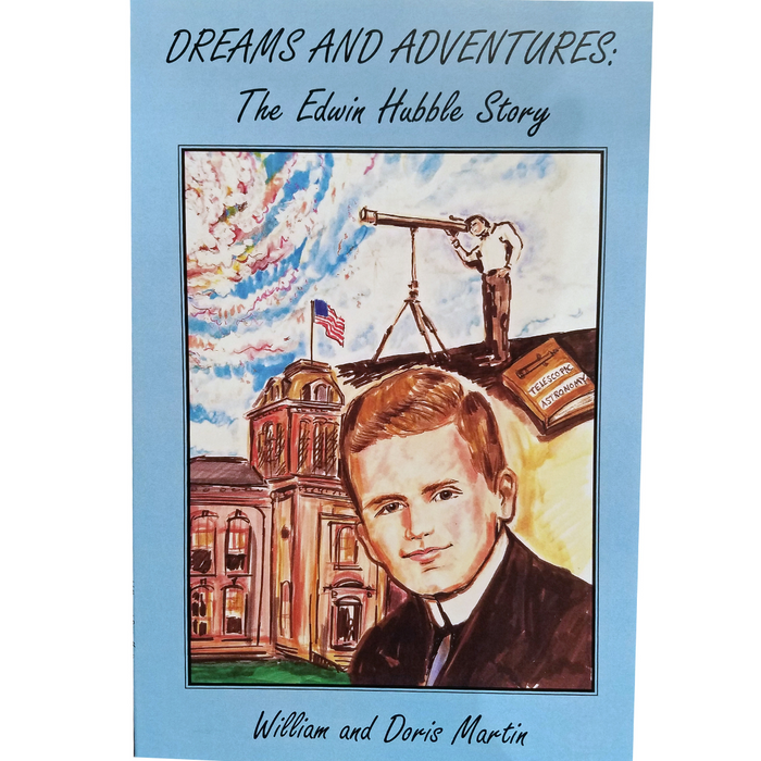 Book cover titled Dreams and Adventures: The Edwin Hubble Story, featuring a portrait of Edwin Hubble, an observatory, and a person using a telescope with an American flag.