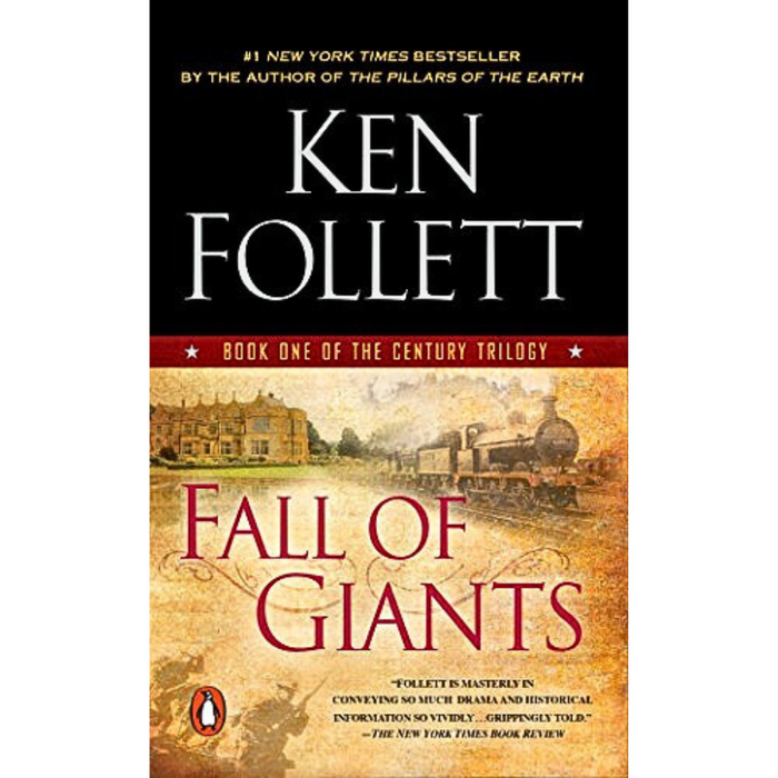 A red and black cover of Fall of Giants by Ken Follett, featuring a historical building and a train.