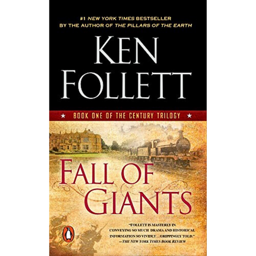 A red and black cover of Fall of Giants by Ken Follett, featuring a historical building and a train.