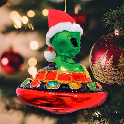 Alien and UFO Glass Christmas Ornament