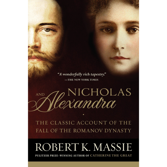 The book cover of Nicholas and Alexandra by Robert K. Massie showcases partial portraits of a man and a woman against a dark background. Accolades and author information complete the design, offering a glimpse into the enigmatic world of the Romanovs.