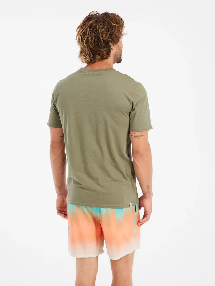 Man wearing an olive green t-shirt and colorful swim shorts on a white background
