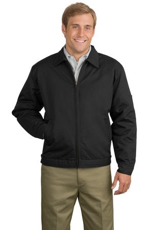 Male model wearing Red Kap Men's Slash Pocket Work Jacket in black, featuring zip-front closure and angled side pockets.