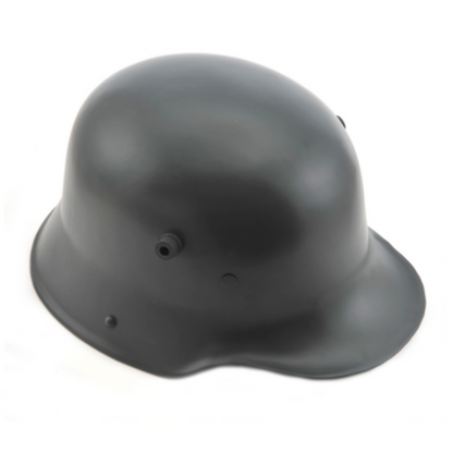 A replica German Stahlhelm rounded helmet with a smooth surface and two small protrusions on the front.