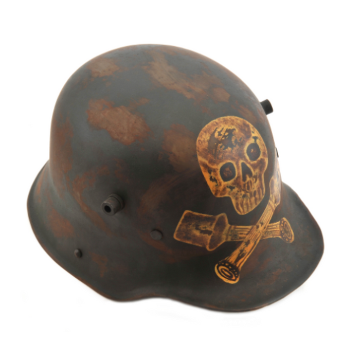 Aged replica Stormtrooper Stahlhelm helmet, painted skull and crossbones design.