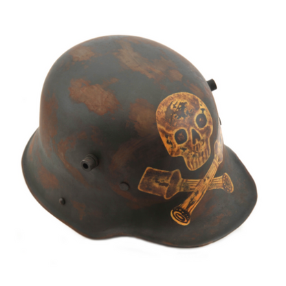 Aged replica Stormtrooper Stahlhelm helmet, painted skull and crossbones design.