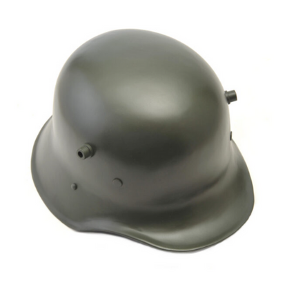 A replica dark green Austro-Hungarian  helmet with smooth, rounded edges and two small protrusions on the sides.