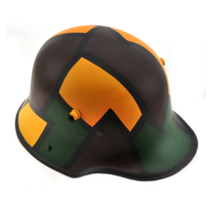 German 1916 camo helmet painted with a geometric camouflage pattern in brown, orange, yellow, and green.