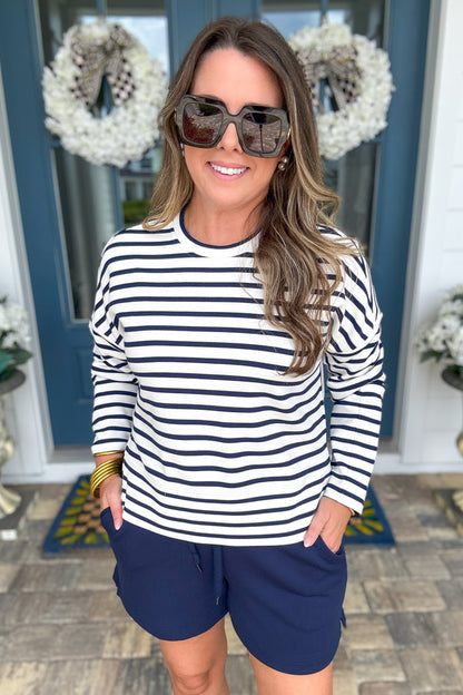 Spanx AirEssentials® Crewneck Long Sleeve Top - Powder/Timeless Navy Stripe