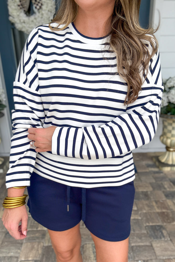 Spanx AirEssentials® Crewneck Long Sleeve Top - Powder/Timeless Navy Stripe