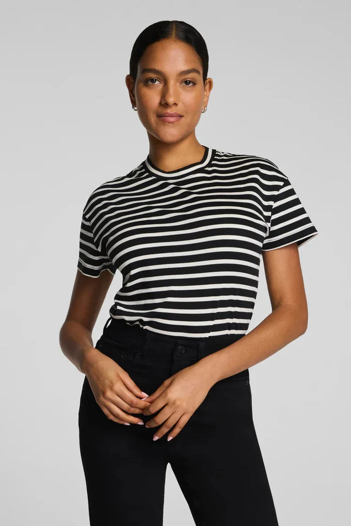SPANX® Lightweight Cotton Crewneck Short Sleeve Bodysuit - Classic Black/Linen Stripe