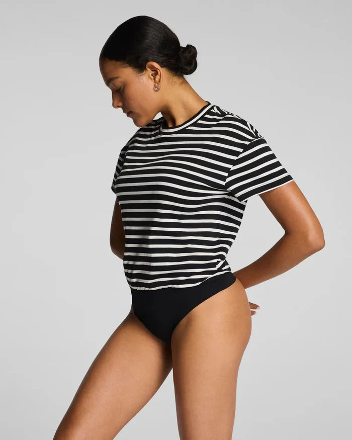 SPANX® Lightweight Cotton Crewneck Short Sleeve Bodysuit - Classic Black/Linen Stripe