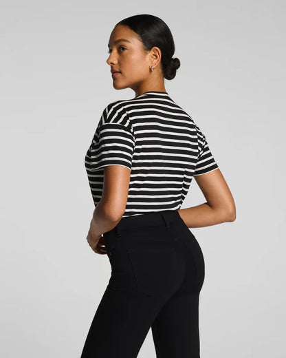 SPANX® Lightweight Cotton Crewneck Short Sleeve Bodysuit - Classic Black/Linen Stripe
