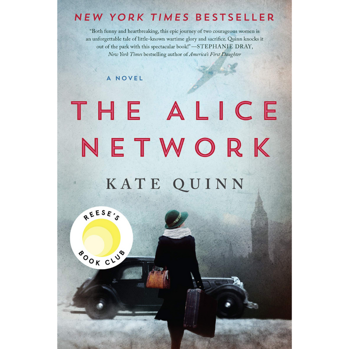 Cover of The Alice Network by Kate Quinn, a New York Times bestseller and Reese’s Book Club pick. Set against a backdrop of World War I, it features a woman in a green coat near a vintage car.