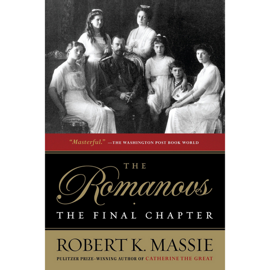 The cover of The Romanovs: The Final Chapter by Robert K. Massie, featuring a black-and-white photo of the Romanov family,