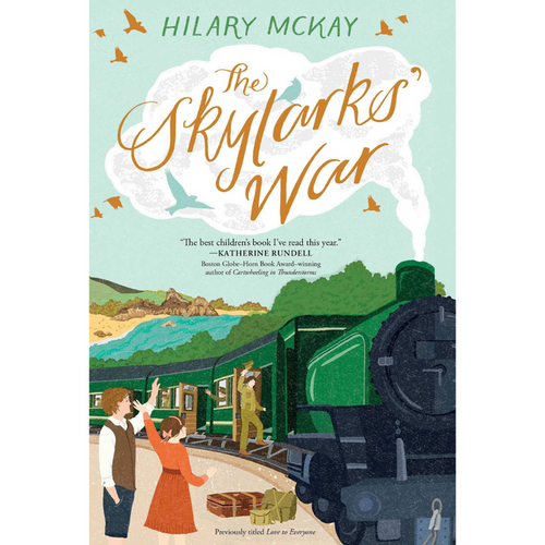 The book cover of The Skylarks' War by Hilary McKay beautifully captures Clarry Penrose and other children at a train station, set against the backdrop of an early twentieth-century steam locomotive and the title inside the steam of the engine in orange letters.