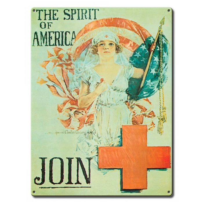 Vintage recruitment poster featuring a woman holding a flag, with the text The Spirit of America. There is a Red Cross symbol with the text Join written below. Designed in the iconic style of Howard Chandler Christy.