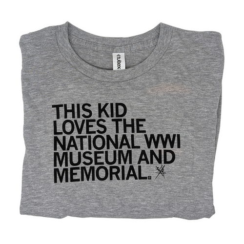 Youth gray T-shirt featuring text: This kid loves the National WWI Museum and Memorial.