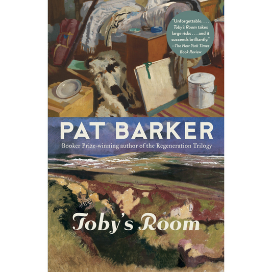 Cover of Toby's Room by Pat Barker. The top half reveals an artist's studio the bottom half features a serene landscape with fields and hills.