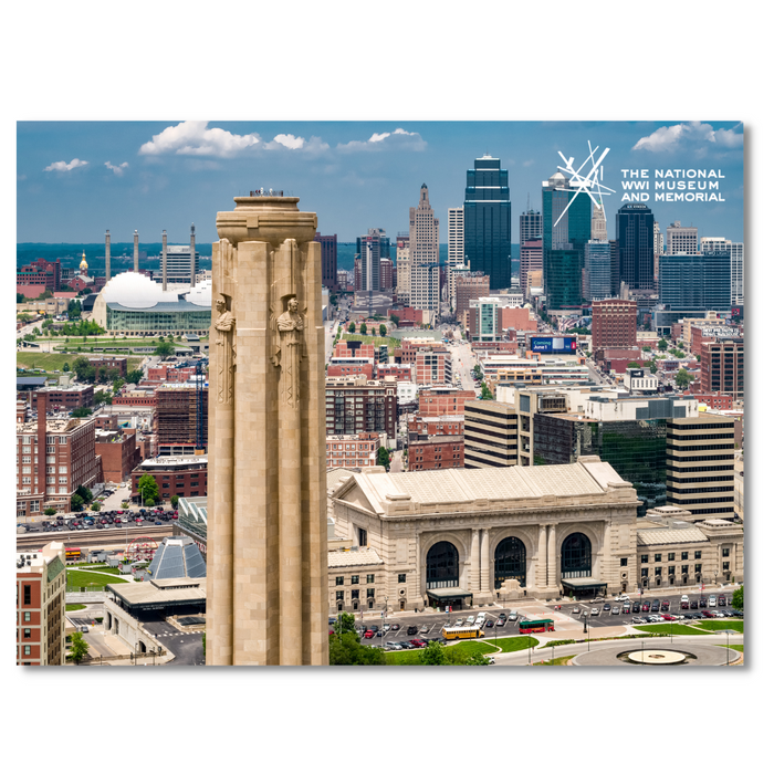 The National WWI Museum and Memorial tower against a skyline during the day.