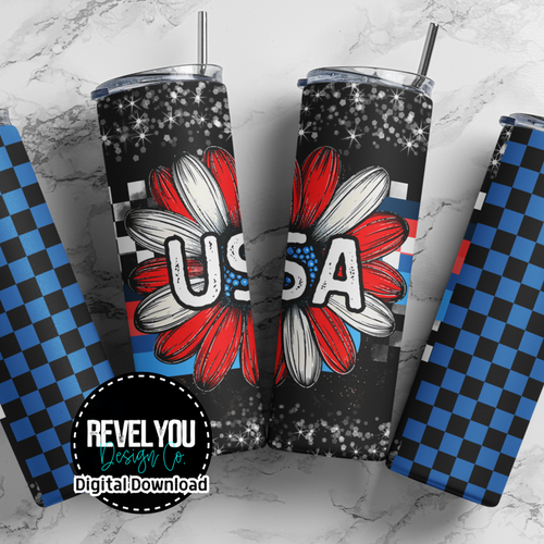 USA Retro Floral Blue - Digital Tumbler PNG