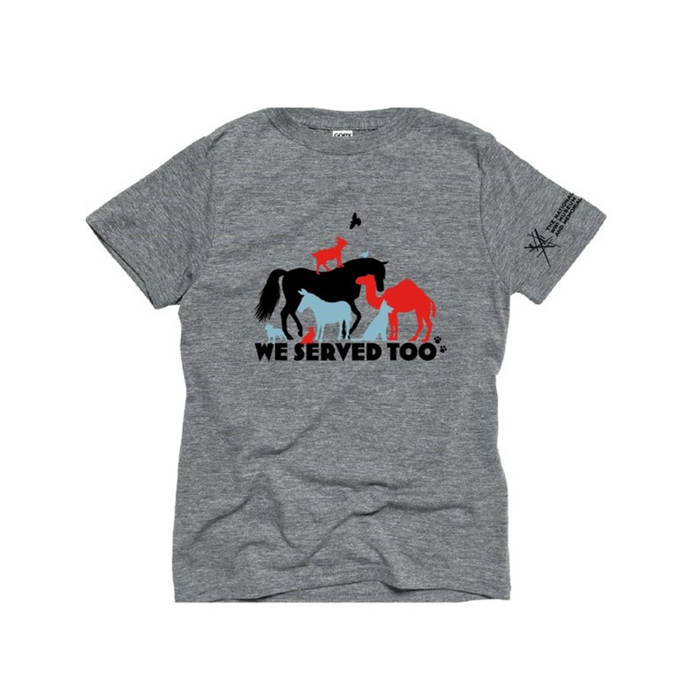 Gray t-shirt showcasing silhouettes of horses and dogs in black, blue, and red, the text below reads We Served Too.