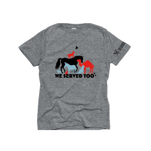 Gray t-shirt showcasing silhouettes of horses and dogs in black, blue, and red, the text below reads We Served Too.