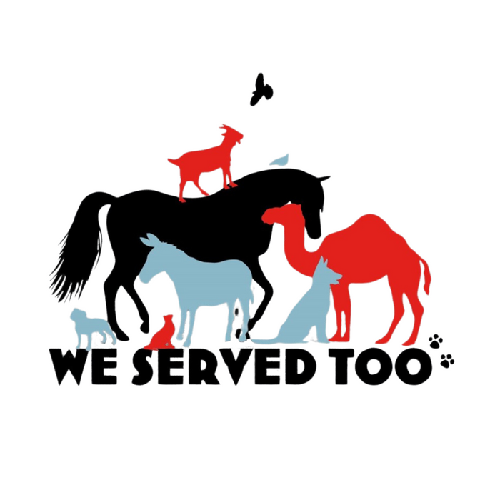 Gray t-shirt showcasing silhouettes of horses and dogs in black, blue, and red, the text below reads We Served Too.