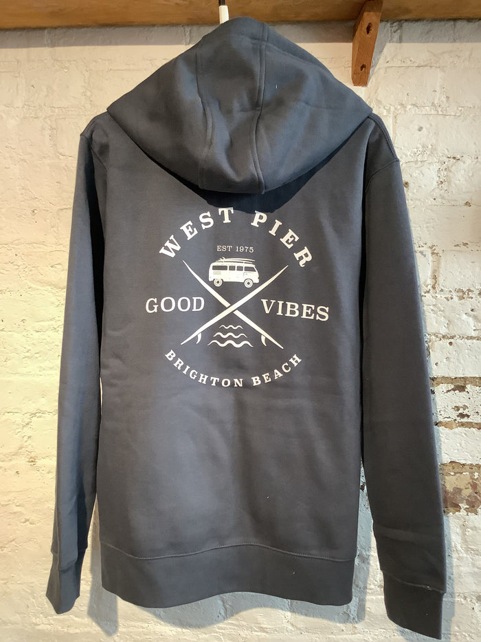 West Pier Zip Hood- ‘WestPier- Good Vibes - Brighton Beach’ Camper Van Logo - Denim